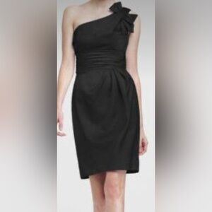 David’s Bridal Dress Black Satin Cocktail One Shoulder Ruched Waist Kick Pleat 8